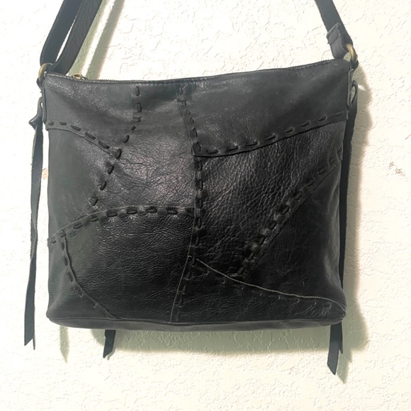 LUCKY BRAND Leather Patchwork black Whipstitch Crossbody Boho Style Bag - Picture 3 of 10